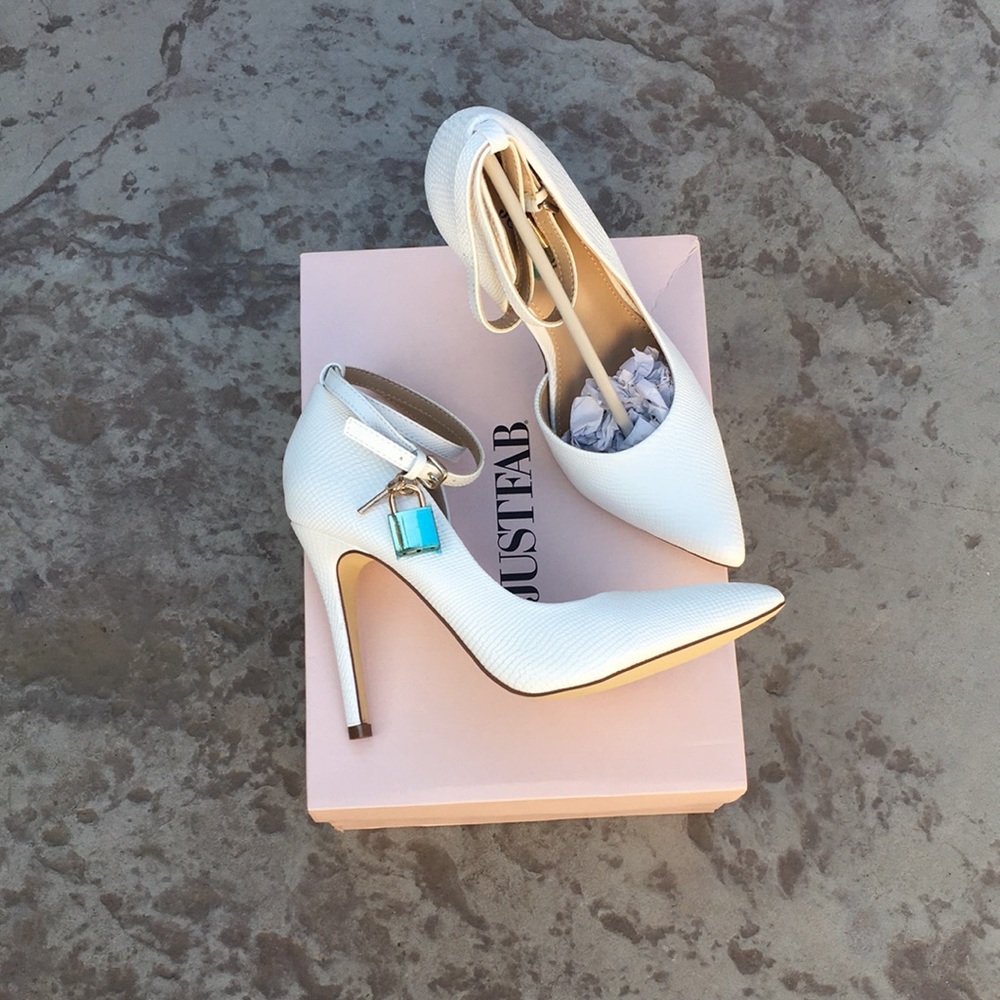 Just Fab white pointed toe ankle strap heels